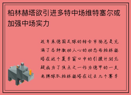 柏林赫塔欲引进多特中场维特塞尔或加强中场实力